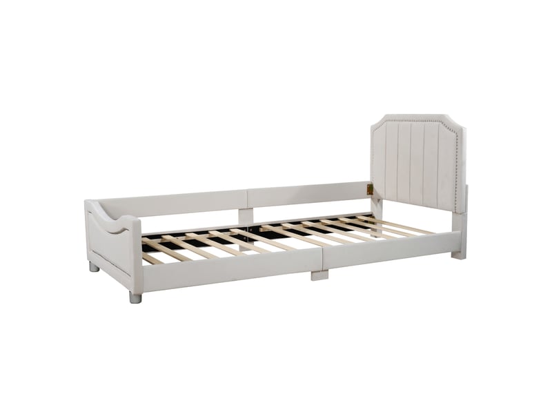  Lit enfant 90x200 capitonné beige - banquette lit avec dossier flanelle - sommier inclus  - Conforama W