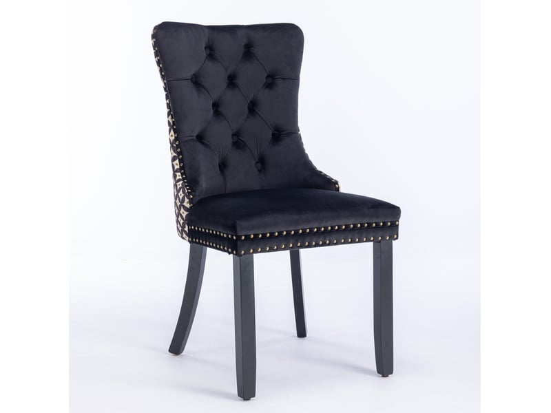  Chaise de salle à manger lot de 2 avec dossier capitonné, anneau et clous décoratifs en velours noir  - Conforama C