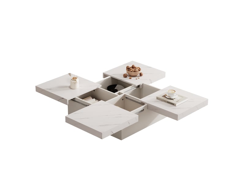  Table basse carrée 90 x 90 x 25 cm plateau coulissant effet marbre 4 tiroirs charge 30 kg panneaux particules blanc  - Conforama A