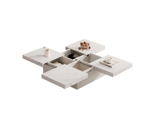 Table basse carrée 90 x 90 x 25 cm plateau coulissant effet marbre 4 tiroirs charge 30 kg panneaux particules blanc