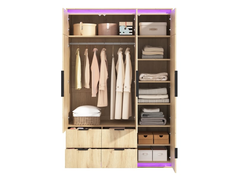  Armoire penderie 3 portes 135x47x200 cm mdf décor chêne, miroir led, 4 tiroirs et 1 tringle pour rangement  - Conforama A