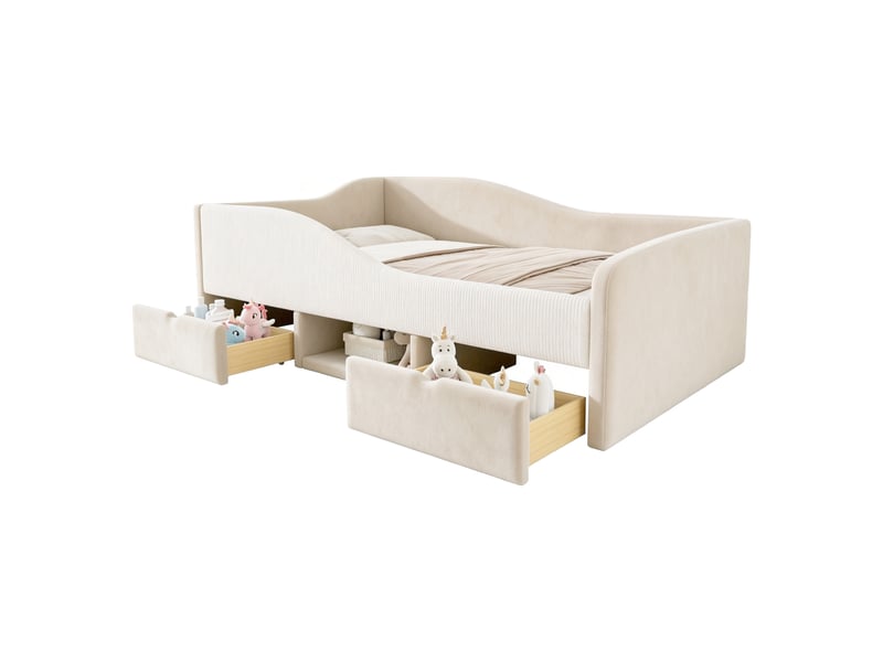 Lit 1 personne 90x190 cm - 2 tiroirs - lit avec rangement - lit rembourré en velours - barrières de sécurité beige - Conforama D