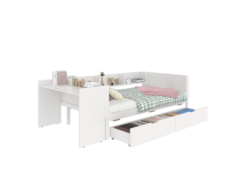 Lit avec rangement 90x200 cm blanc avec bureau, étagères et 2 tiroirs - Conforama A