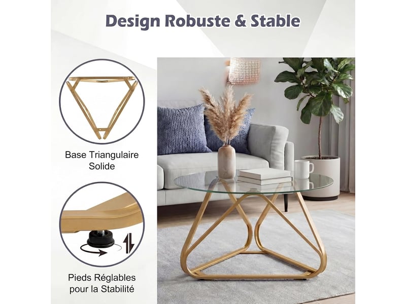  Table basse ronde en verre trempé, table de salon transparente avec structure métallique triangulaire, charge 45 kg, table d'appoint moderne (or)  - Conforama C
