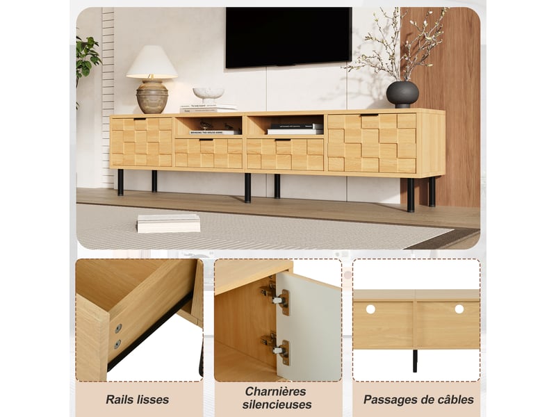  Meuble tv 200 cm bois naturel avec 2 tiroirs et 2 portes pour tv jusqu'à 80 pouces  - Conforama R