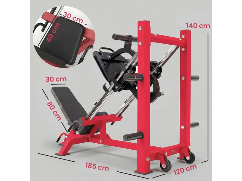  Presse à cuisses professionnelle machine musculation jambes et hack squat 455kg appareil réglable 185x120x140cm rouge  - Conforama E