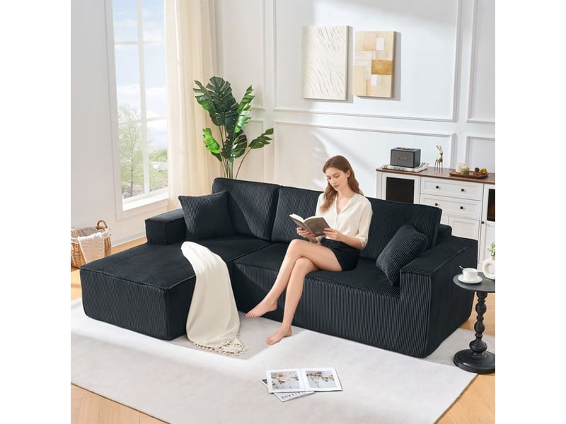  Canapé d'angle modulaire en tissu côtelé - ensemble 2 personnes + méridienne - 235x128x60 cm - velours côtelé noir - Conforama B