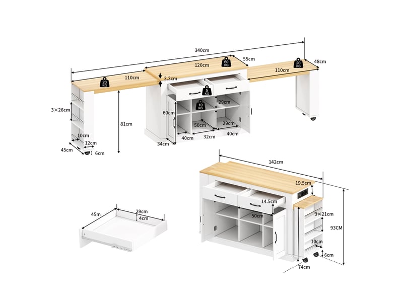  Îlot de cuisine 142x55x93 cm avec 2 plans de travail coulissants blanc  - Conforama C