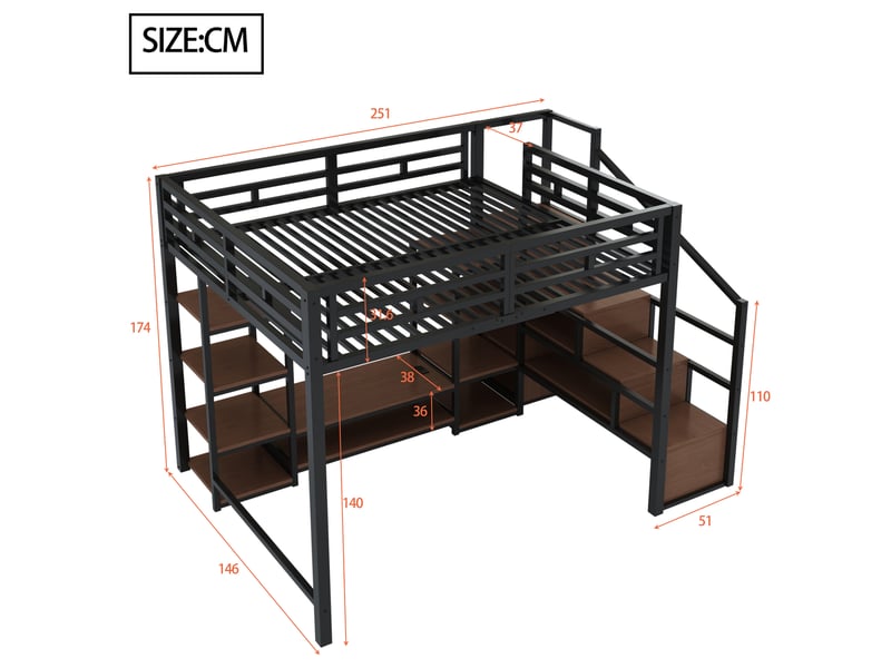 Lit mezzanine 140x200 cm avec support tv, prise électrique et échelle de sécurité, structure métal et bois, lit superposé noir avec rangement pratique - Conforama C