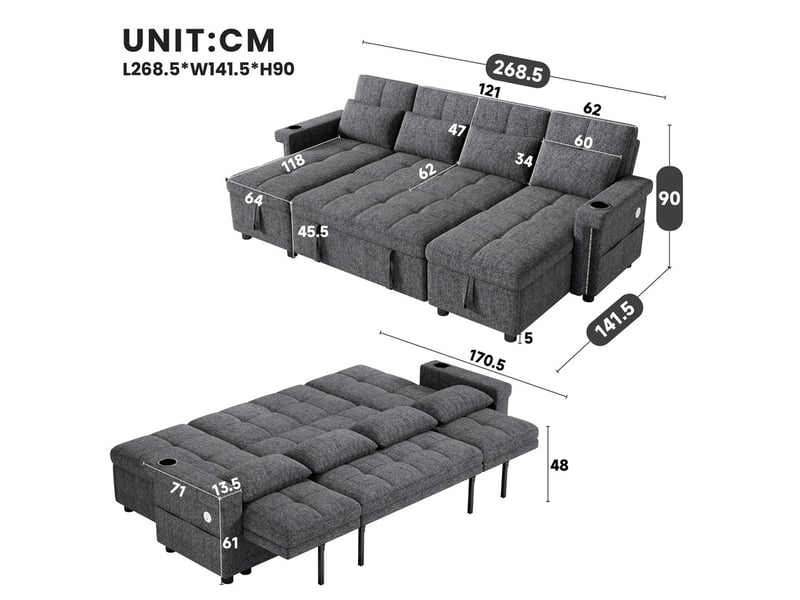  Canapé d'angle en u convertible,4 places,avec  2 méridiennes de rangement, éclairage led, port usbtype-c,268,5 × 141,5 × 90 cm,gris  - Conforama C