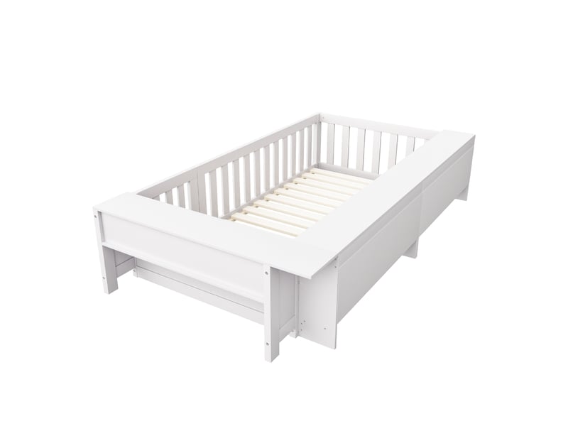  Lit enfant 90x200 cm, étagère, espace de rangement, garde-corps, sommier, bois blanc, sans matelas  - Conforama E