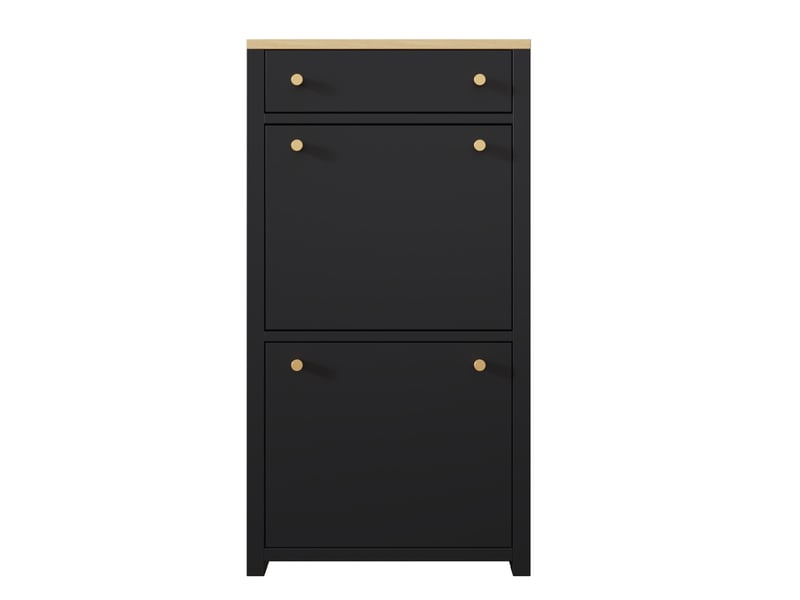  Meuble à chaussures 50x25x95 cm gain de place avec 2 abattants, tiroir, mdf noir et aspect bois  - Conforama D