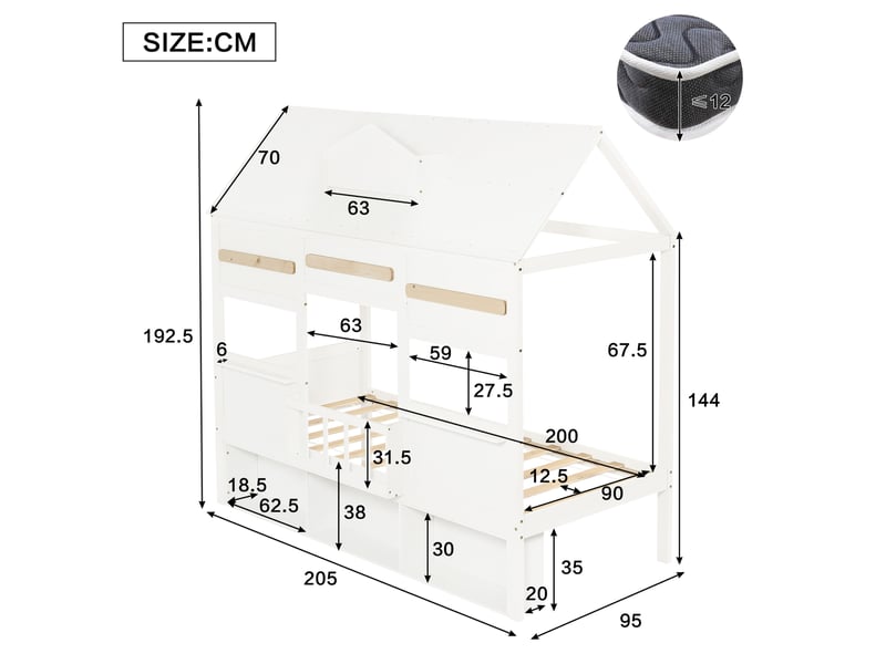  Lit mezzanine enfant blanc avec étagère à livres, 90 x 200 cm  - Conforama E