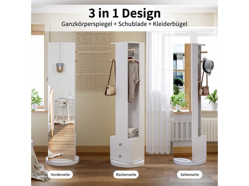  Miroir pleine longueur sur pied pivotant 360° avec portemanteau et tiroirs de rangement, blanc  - Conforama E