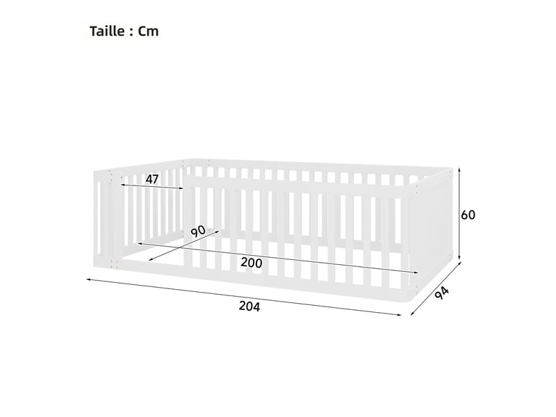  Lit 90x200 cm avec barrière en pin massif blanc cadre de lit enfant sans sommier à assembler Sol Morn - Conforama C