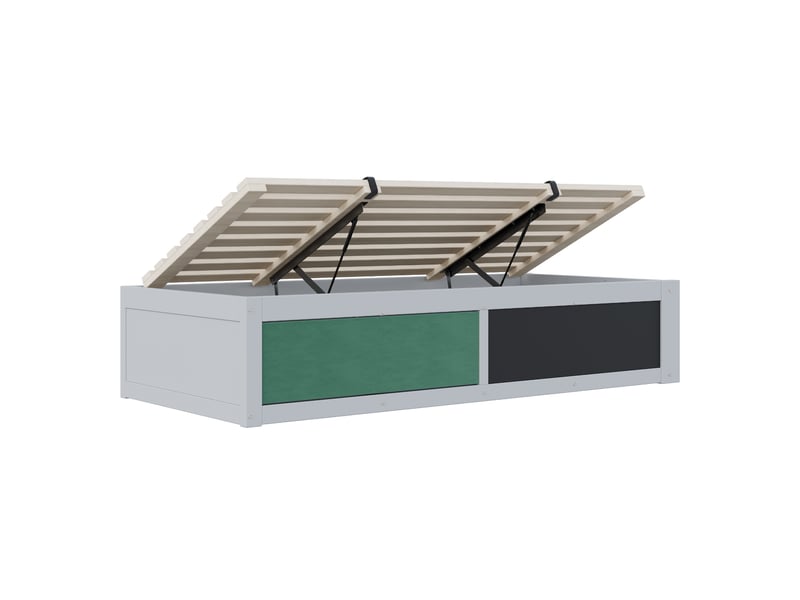  Lit coffre enfant 90x200 cm avec rangement, tableau à craie et panneau en feutrine, pin et mdf, gris, sans matelas  - Conforama E