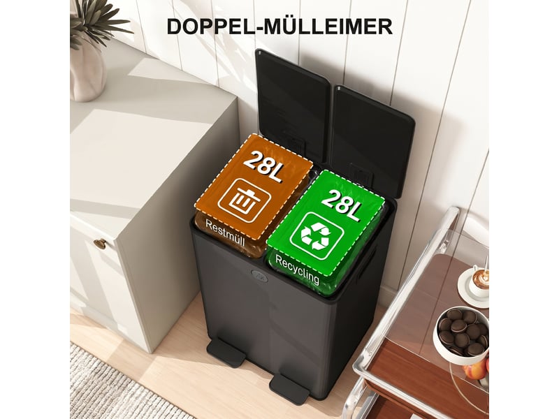  Poubelle de tri sélectif 2 x 28 l à pédale acier noir 45,8 x 36 x 67,6 cm  - Conforama D