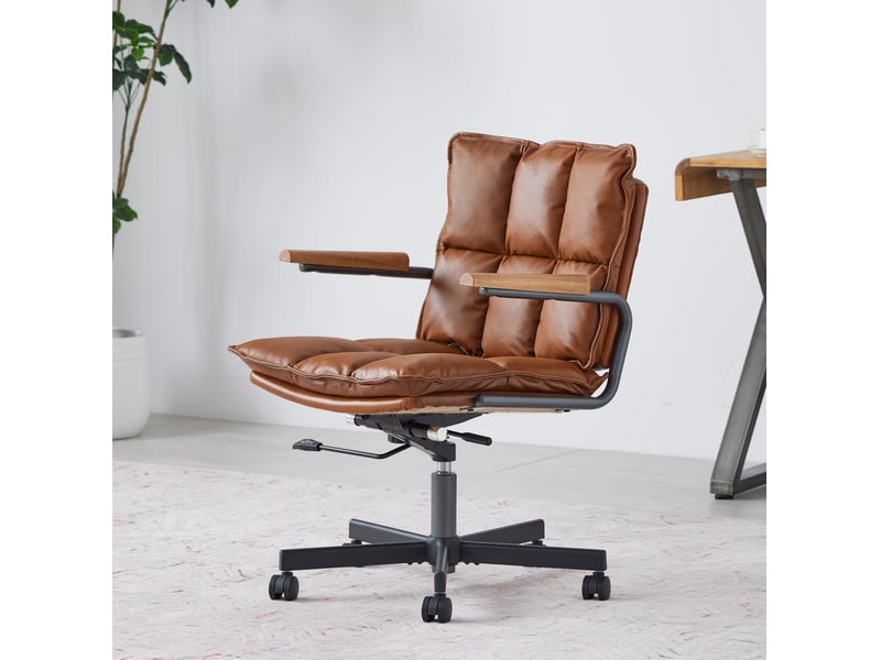  Chaise de bureau ergonomique réglable en hauteur et pivotante à 360° avec roulettes, cuir et métal marron  - Conforama B