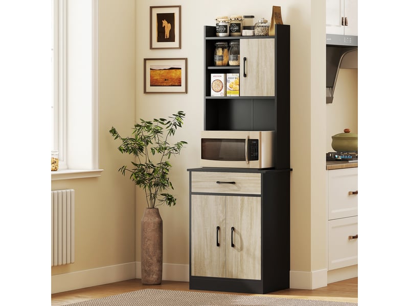  Buffet de cuisine haut, meuble de cuisine, tiroir, 3 portes, étagères ouvertes, plan de travail, 60 x 40 x 180 cm, bois naturel  - Conforama D