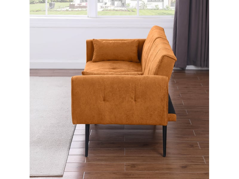 Canapé futon convertible 3 places 175x71x71 cm modulable pliable accoudoirs carrés, tissu velours côtelé orange - Conforama D