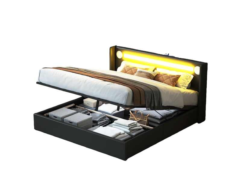  Lit double 160x200 cm - lit avec led et bluetooth intégré, chargeur usb, sans matelas - pu noir  - Conforama A