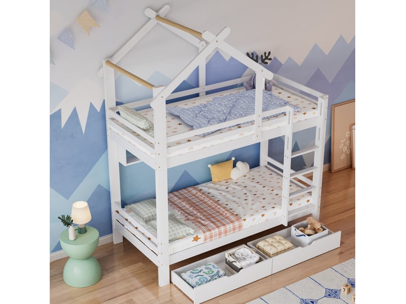 Lit superposé enfant avec tiroirs et étagères 90x200 cm blanc  - Conforama D