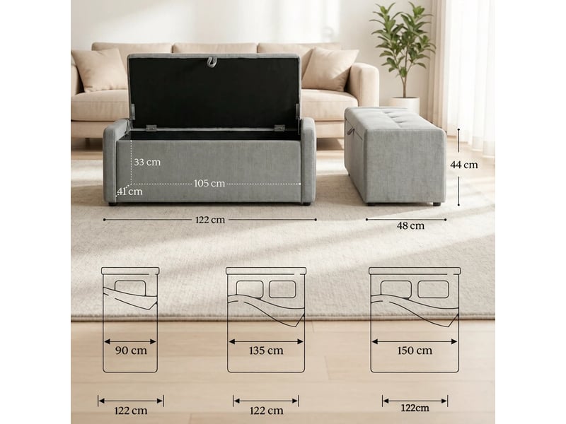  Banc de rangement tcqpz 122 x 48 x 44 cm avec coffre caché en tissu effet lin gris clair  - Conforama C