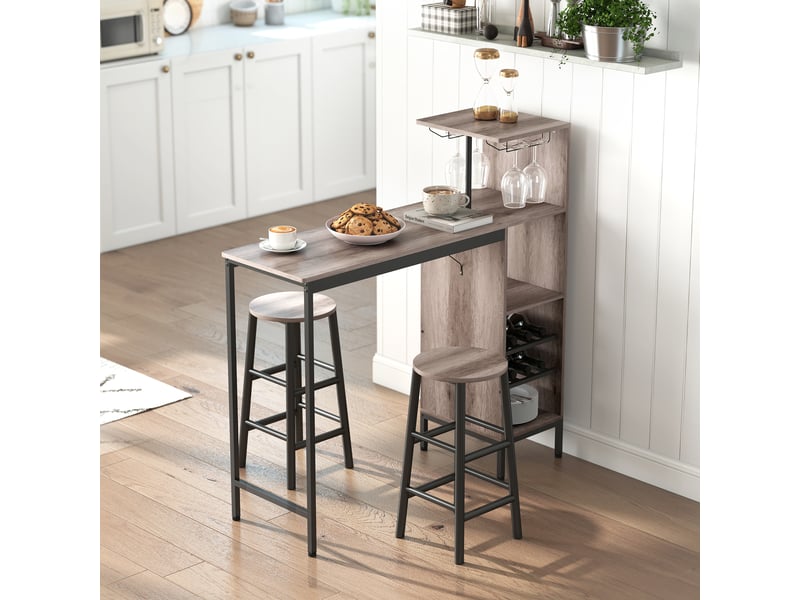  Ensemble table bar 3 pièces avec rangement, casiers bouteilles, porte-verres, tabourets repose-pieds, petits espaces, gris.  - Conforama D