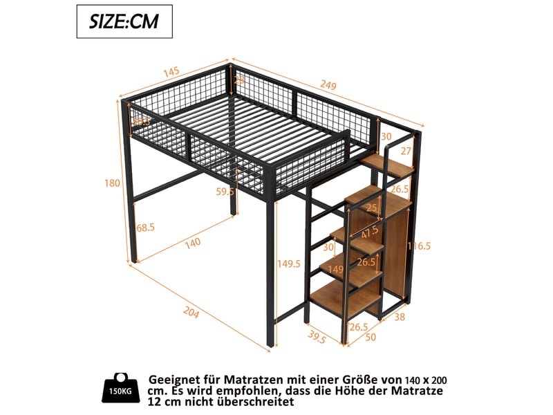 Lit mezzanine enfant 140x200 cm – noir – échelle de sécurité et penderie, sommier 20 lattes – sans matelas - Conforama C