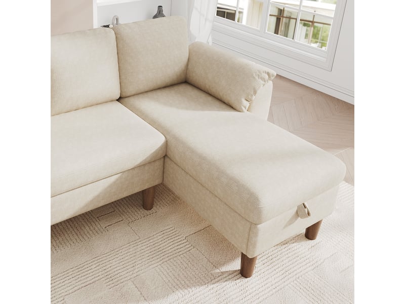  Canapé d'angle réversible 3 places avec coffre, tissu chenille beige, ports usbtype-c  - Conforama E