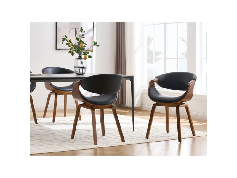  Chaise contemporaine nera en cuir artificiel noir et structure effet bois foncé avec accoudoirs  - Conforama D