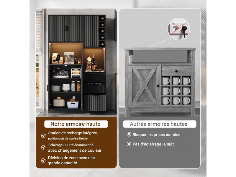  Buffet de cuisine avec range-bouteilles et led mdf noir 105x40x180 cm - pangivo  - Conforama E