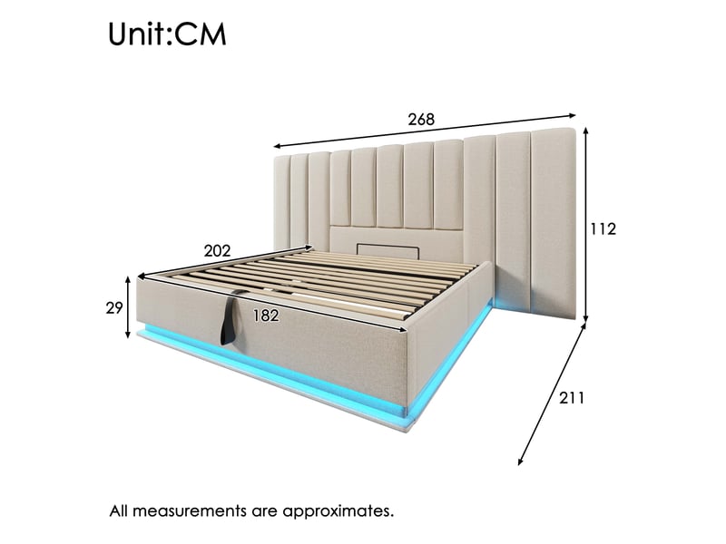 Lit coffre double 180x200 cm avec led 360° et chargeur usb et type-c, lit adulte avec sommier à lattes, lin beige, sans matelas  - Conforama C