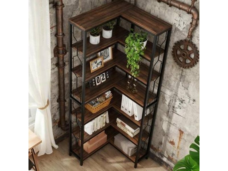  Bibliothèque d'angle 200 cm noire et marron en bois d'ingénierie, 7 niveaux pour rangement et exposition  - Conforama D