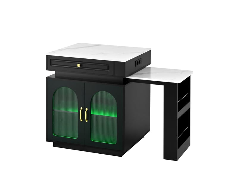  Îlot de cuisine extensible 2 à 4 places, led et prises - lpospi - rangements, 128 × 71 × 92 cm, mdf et verre noir  - Conforama A
