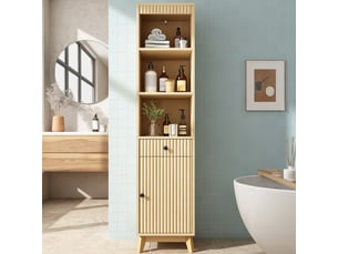 Armoire de salle de bain haute avec portes cannelées réversibles, tiroir et charnières à fermeture douce, 40 x 36 x 172 cm, naturel