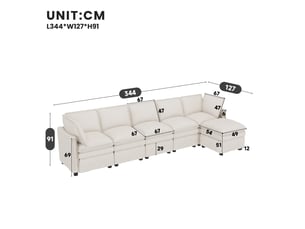Canapé modulable xxl 6 places en tissu chenille beige avec pouf
