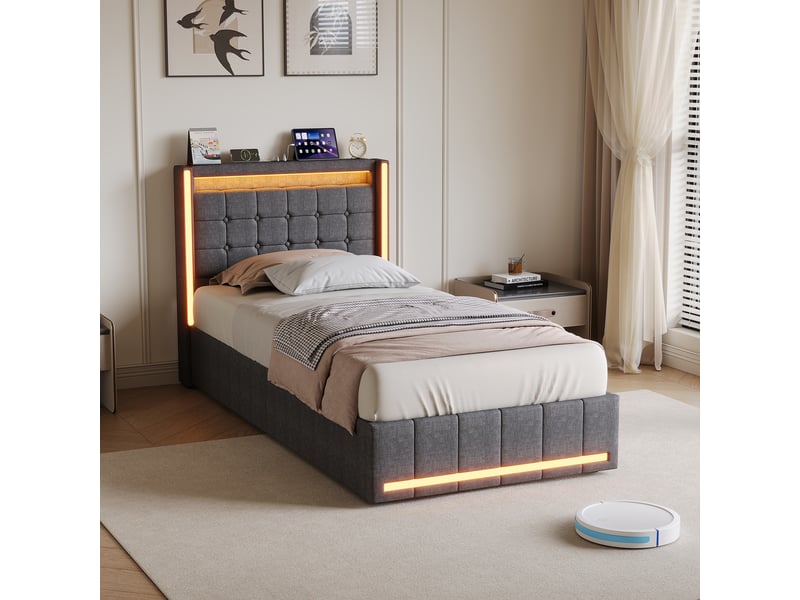  Lit rembourré 90 x 200 cm avec éclairage led, port de chargement usb, double tiroir, gris  - Conforama B