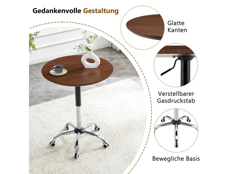  Table d’appoint ronde réglable en hauteur et à roulettes - lpospi - pied chromé, mdf noyer, ø 70 cm  - Conforama E