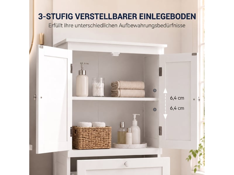  Meuble de salle de bain autoportant avec 2 tiroirs, étagère réglable et portes à lattes, blanc  - Conforama E