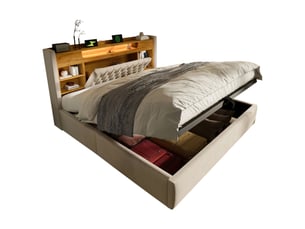 Lit coffre 160x200 cm rembourré avec coffre hydraulique, led, usbtype-c, tête de lit avec étagère et rangement, lin, beige
