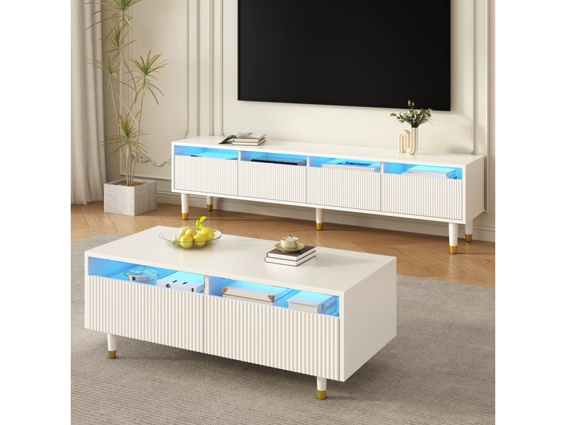  Ensemble de 2 meubles de salon avec meuble tv 4 portes et table basse 2 tiroirs, led, mdf blanc  - Conforama B