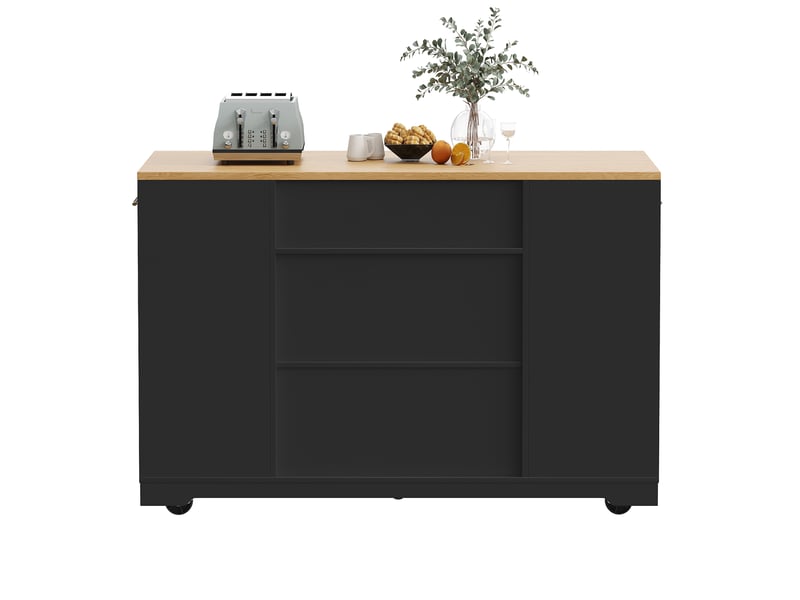  Îlot de cuisine sur roulettes 120x50x92 cm avec compartiment poubelle, 2 portes et 3 tiroirs, chariot de service noir  - Conforama D