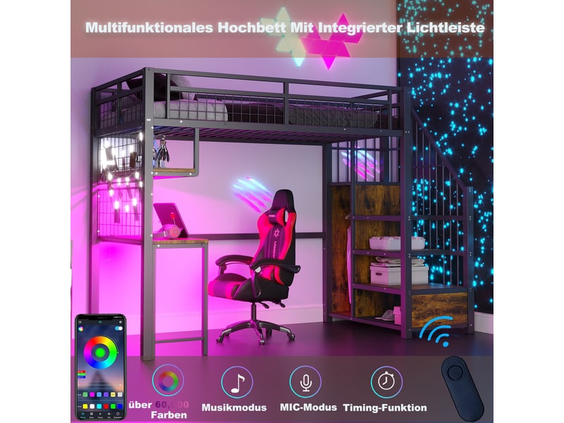  Lit mezzanine 90 x 200 cm, bande lumineuse, prise, échelle rangement, penderie, étagères, bureau, métal, noir  - Conforama D