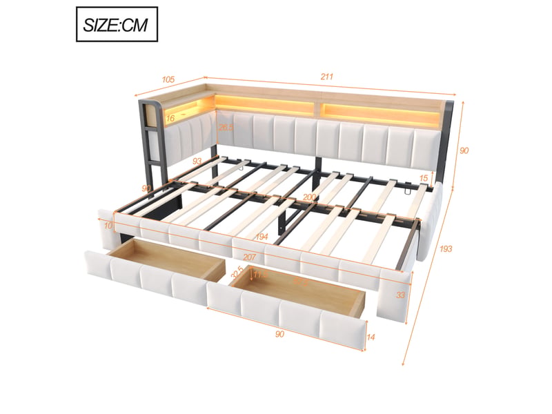  Canapé-lit, 90 x 200 cm, 180 x 200 cm avec rangements, led, matelas non inclus, mdf et bois et métal, coloris beige  - Conforama C