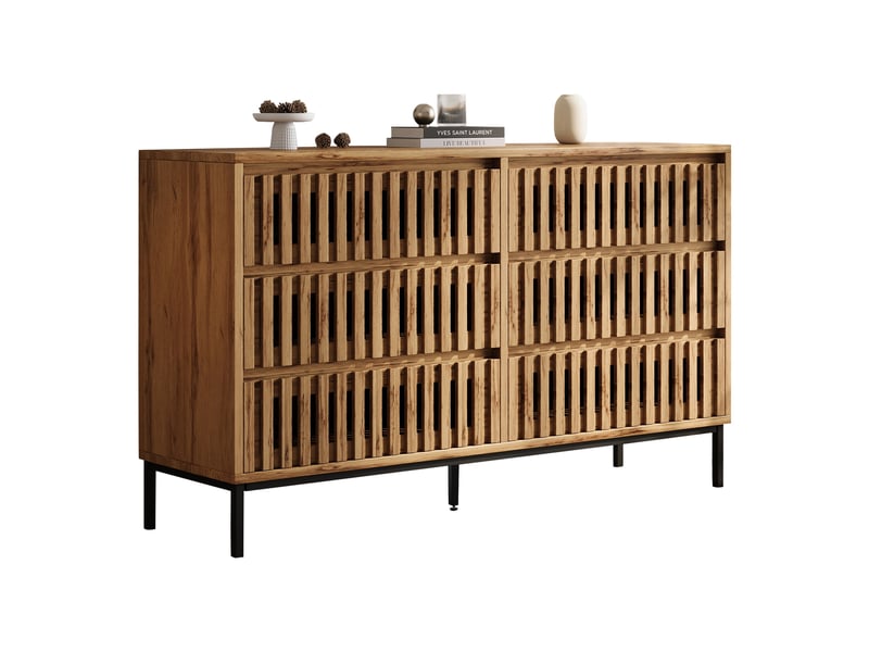  Commode 6 tiroirs - 120x40x81cm - buffet bas de rangement en bois effet lattes ajourées, pieds métal - chêne naturel  - Conforama A