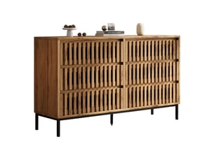 Commode 6 tiroirs - 120x40x81cm - buffet bas de rangement en bois effet lattes ajourées, pieds métal - chêne naturel