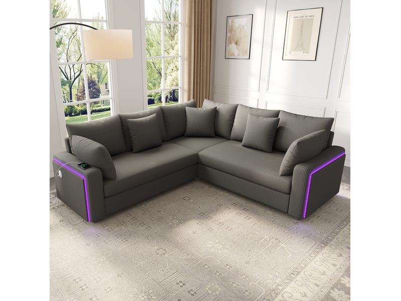  Canapé d'angle 198x198x83 cm – gris – led d'ambiance, usb-c et confort 5 places en velours côtelé  - Conforama E