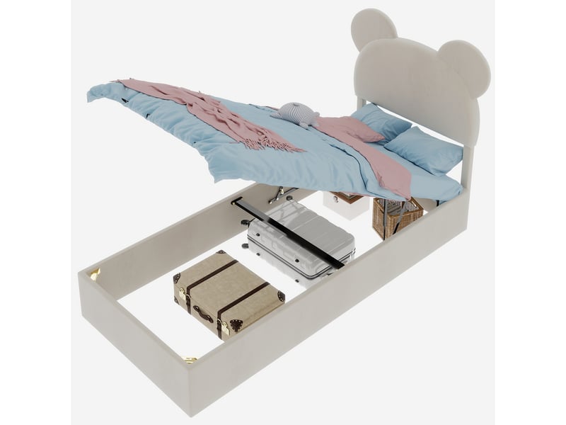 Lit enfant 90x200 cm coffre avec tête cartoon, métal, beige, sans matelas - Conforama A