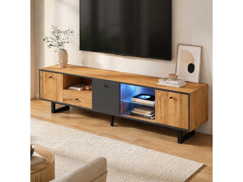  Meuble tv bas modenvie avec led contrôlées par application 190 x 40 x 50 cm panneaux de particules bois anthracite noir  - Conforama E